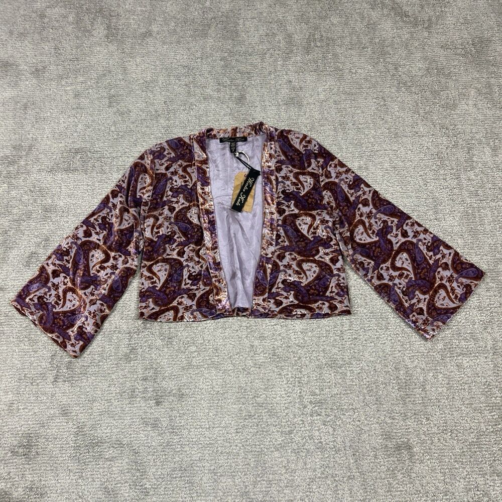 Winter Kate Crop Cardigan Womens Small Purple Silk Blend Velvet Burnout Jade New